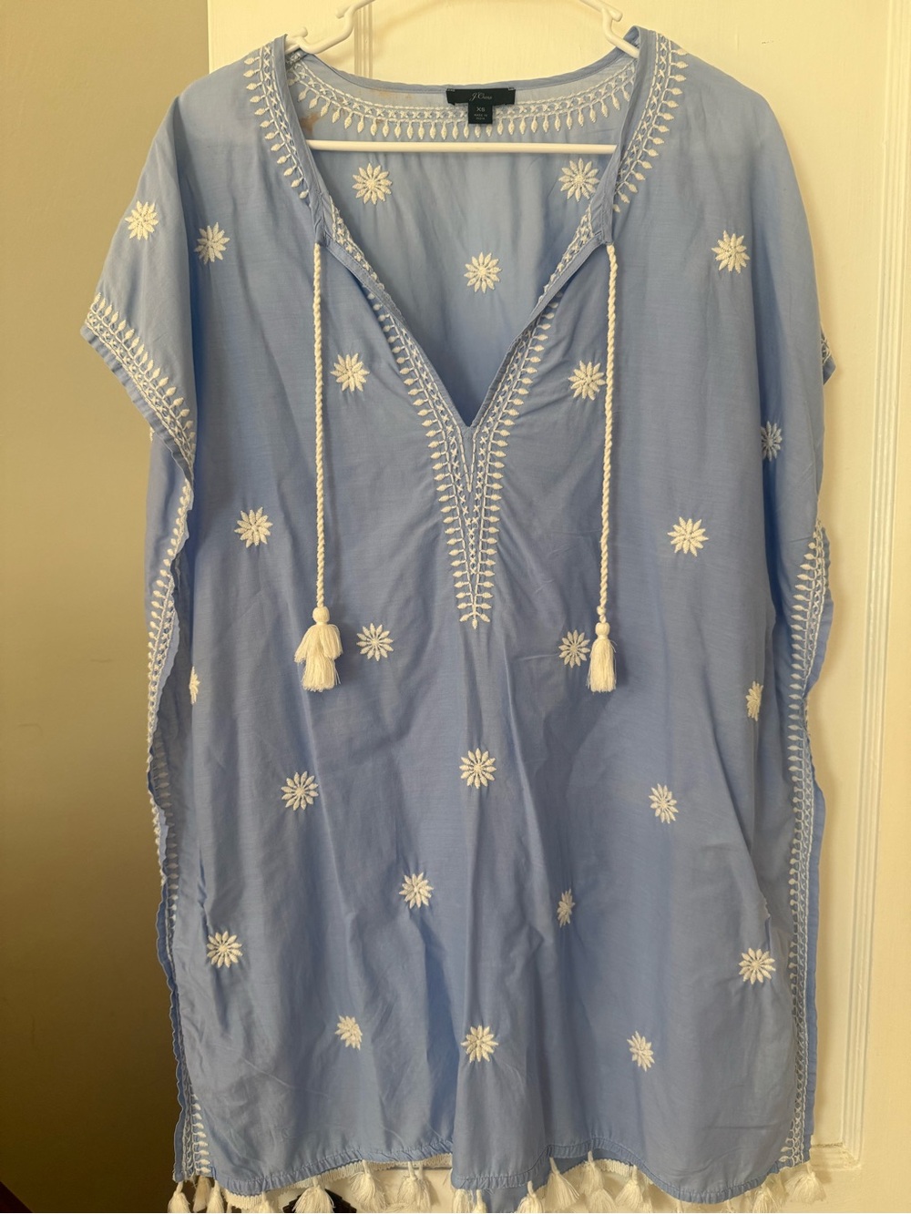 J. Crew Light Blue Beach Swim Cover up with White Embroidered Flowers tassels